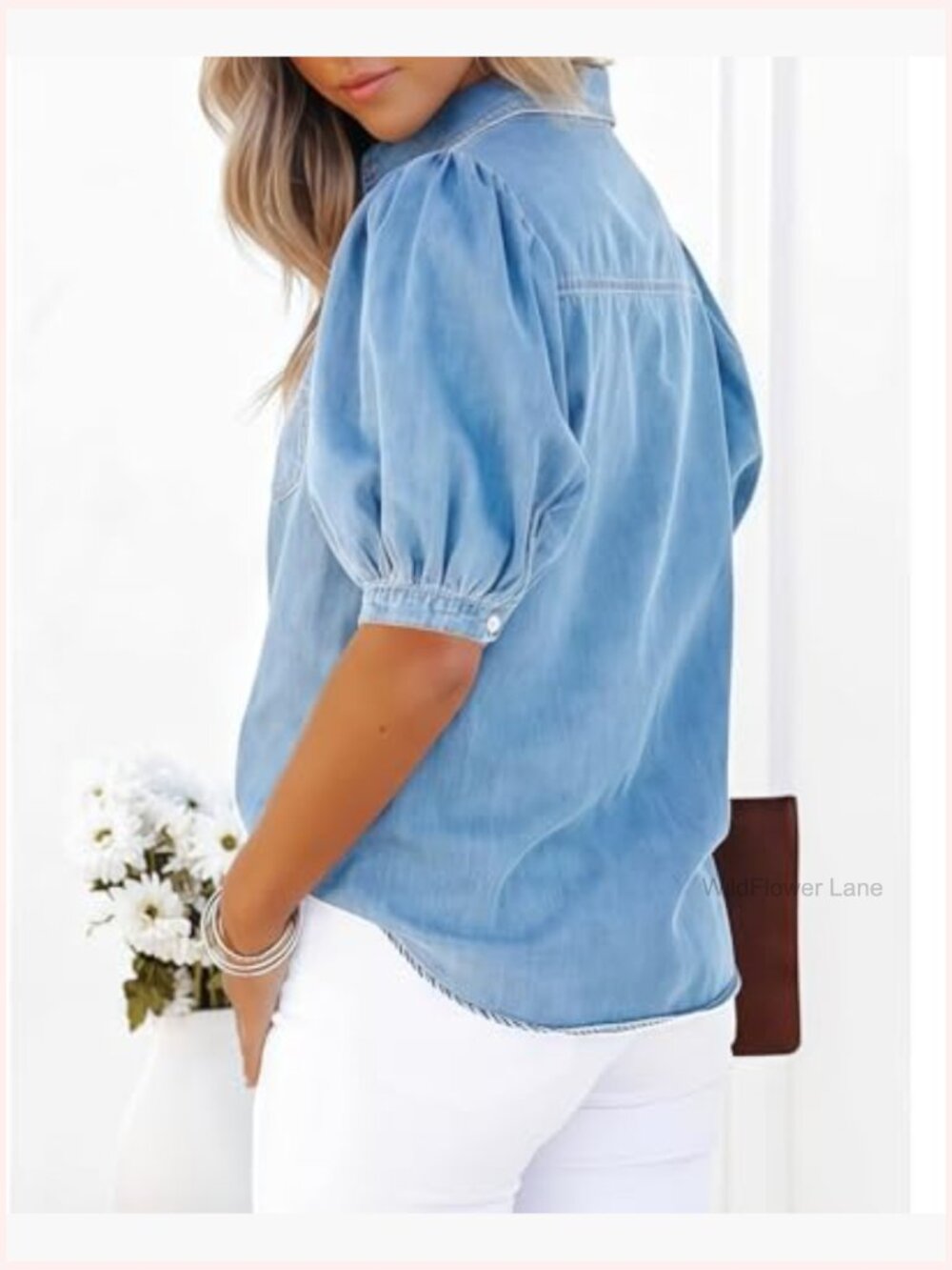 Faux Denim Long Sleeve Button Down Shirt Puff Sleeve Blouse - Picture 3 of 3